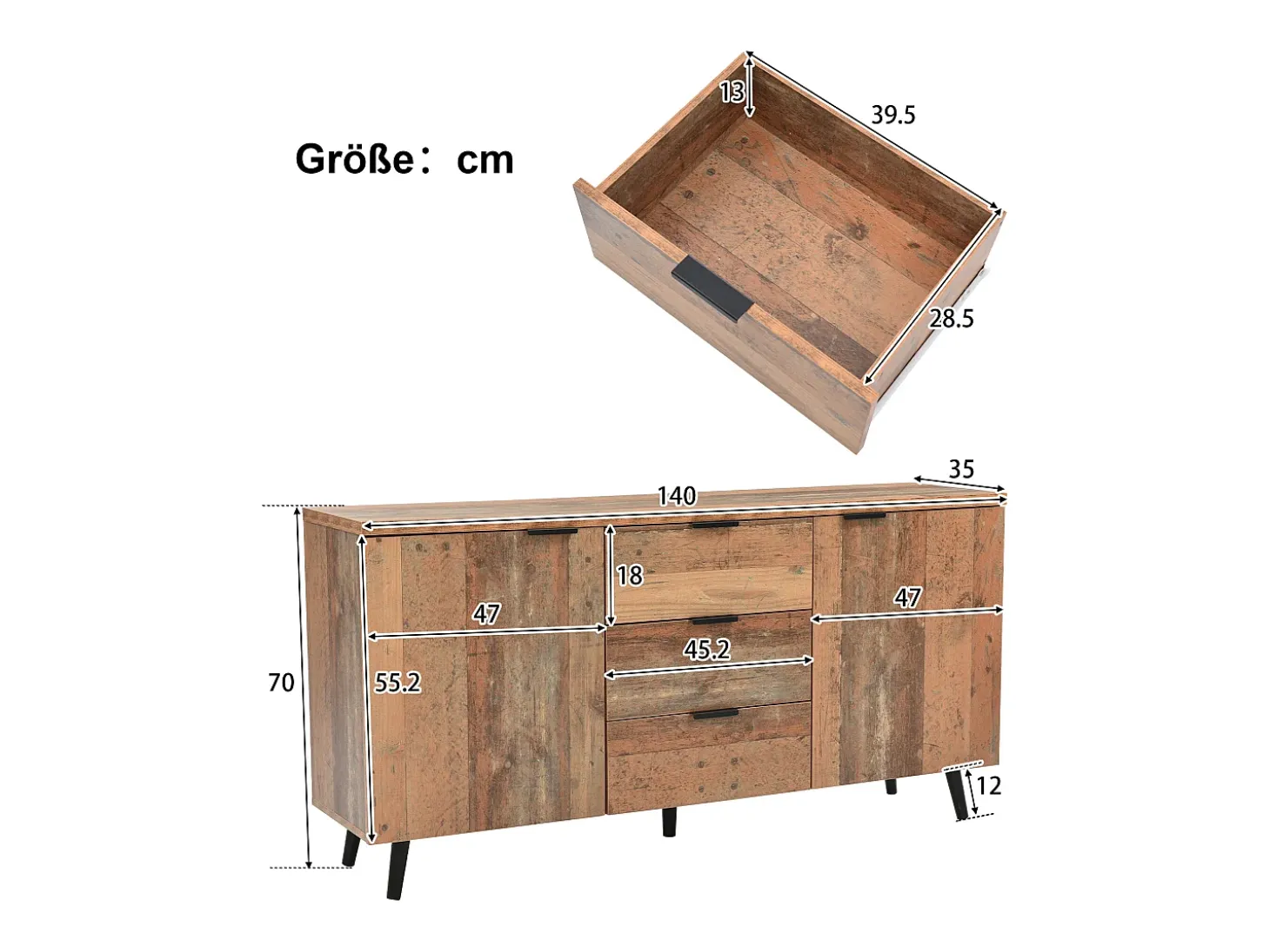 Aparador de cocina 140x35x70cm con 3 cajones y 2 puertas, cuerpo en chapa de madera natural clara