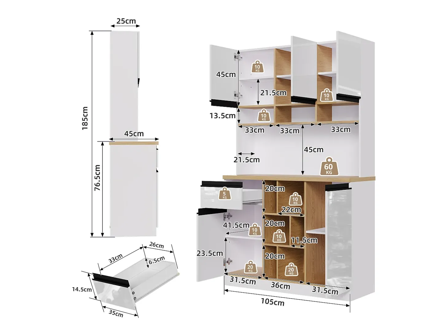 Aparador de cocina 105x48x185cm con 5 puertas, 1 cajón y nichos, cuerpo lacado en blanco y negro