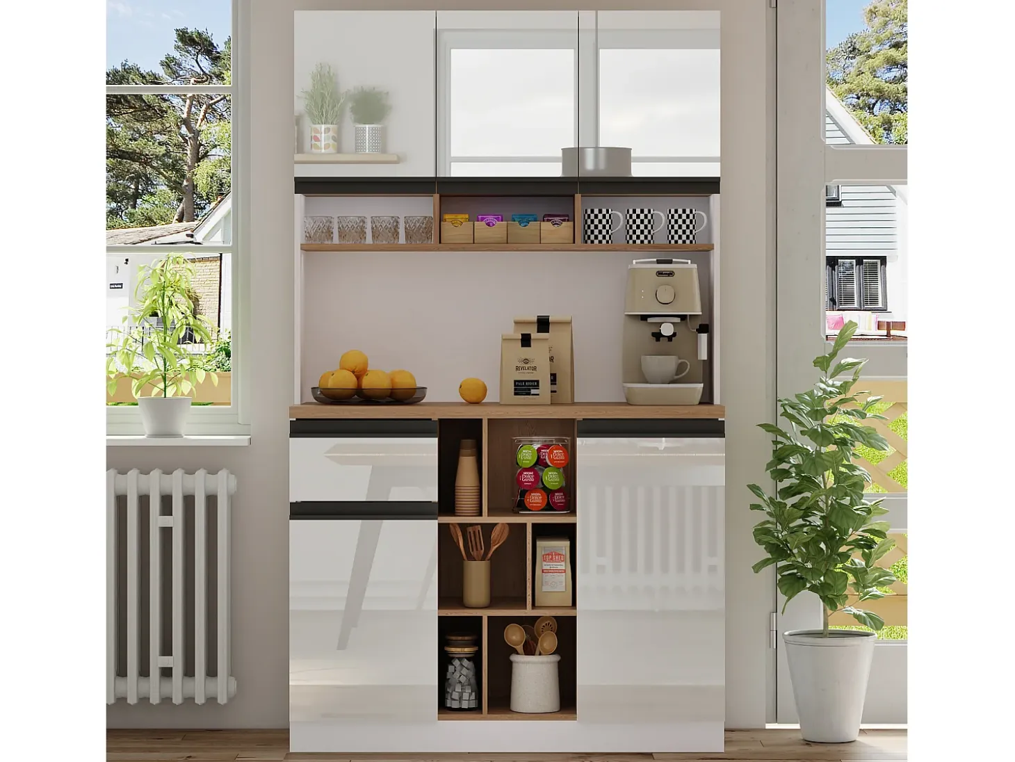 Aparador de cocina 105x48x185cm con 5 puertas, 1 cajón y nichos, cuerpo lacado en blanco y negro