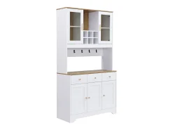 Aparador de cocina 94,5x40x175,5cm con 5 puertas, 3 cajones y nichos, tapa chapada imitación madera, cuerpo blanco