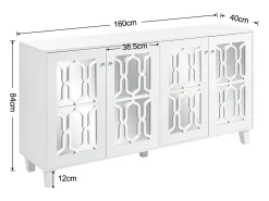 Aparador de comedor con 4 puertas de espejo - tiradores de cristal y estantes regulables - madera - blanco (160x40x84cm)