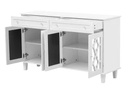 Aparador de comedor con puertas de espejo, aparador de sala de estar con 4 puertas y 2 cajones, blanco