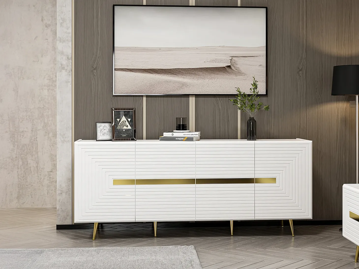 Aparador de diseño con 4 puertas de MDF - Blanco y Dorado - MOLYA