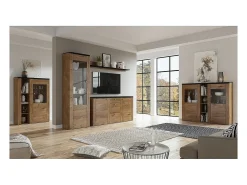 Aparador de diseño con 2 puertas para salón en color roble y negro efecto madera. Colección SANTIAGO.