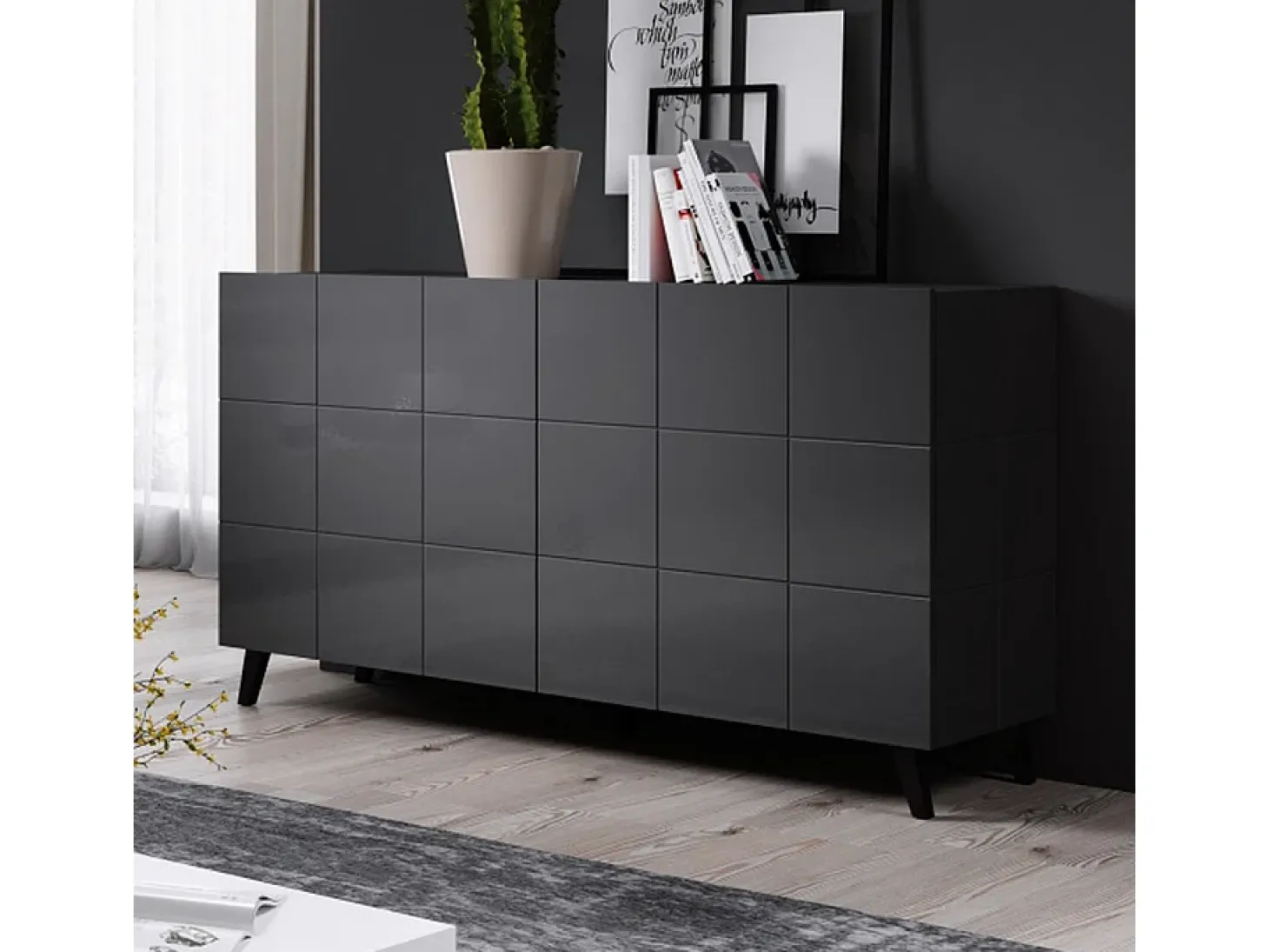Aparador de diseño negro brillante de 138 cm + Flow LED