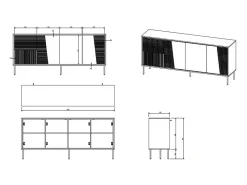 Aparador de diseño negro mate de 200 cm con patas de metal negro Ula