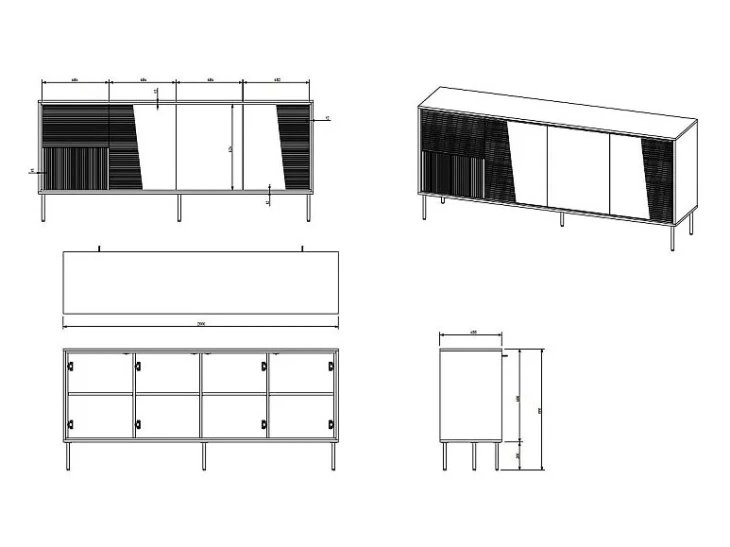 Aparador de diseño negro mate de 200 cm con patas de metal negro Ula