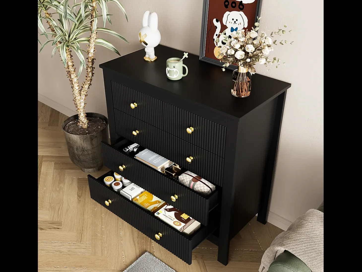 Aparador de estilo contemporáneo, cómoda con espacio de almacenamiento, con tiradores dorados, color negro
