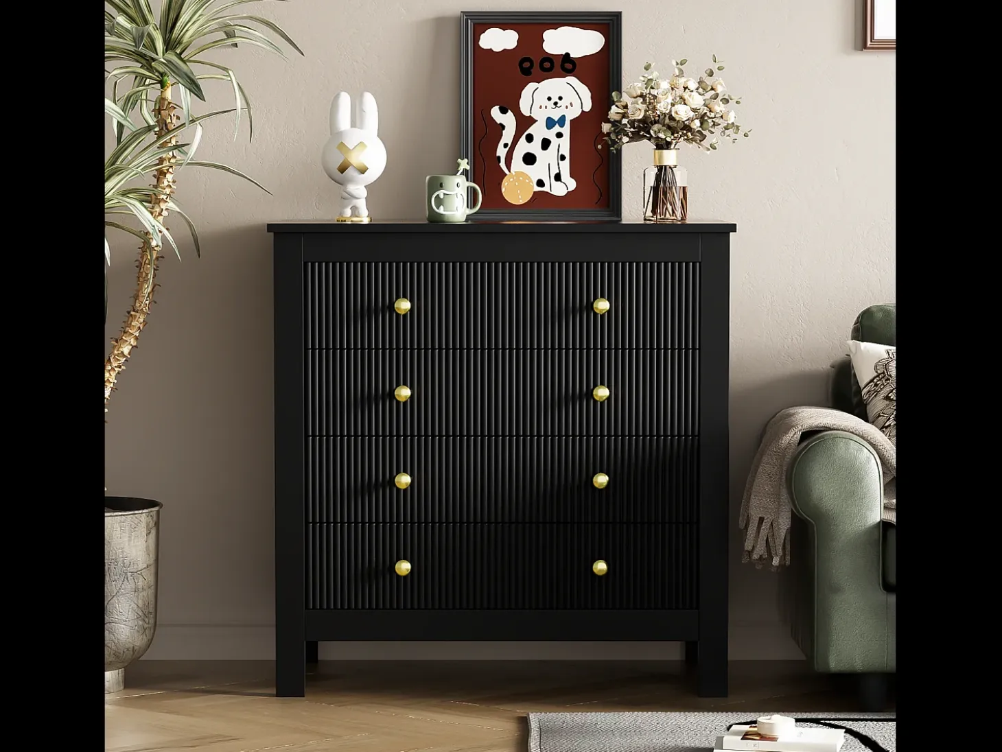 Aparador de estilo contemporáneo, cómoda con espacio de almacenamiento, con tiradores dorados, color negro