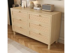 Aparador de madera con 6 cajones de ratán, ideal para almacenaje en salón, dormitorio o comedor. Medidas: 120 x 75 x 40 cm.