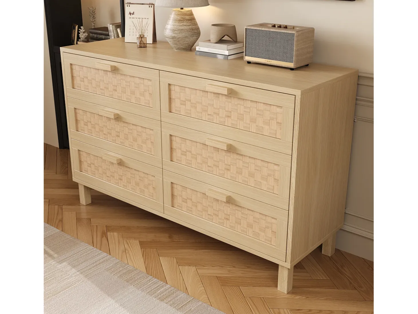 Aparador de madera con 6 cajones de ratán, ideal para almacenaje en salón, dormitorio o comedor. Medidas: 120 x 75 x 40 cm.