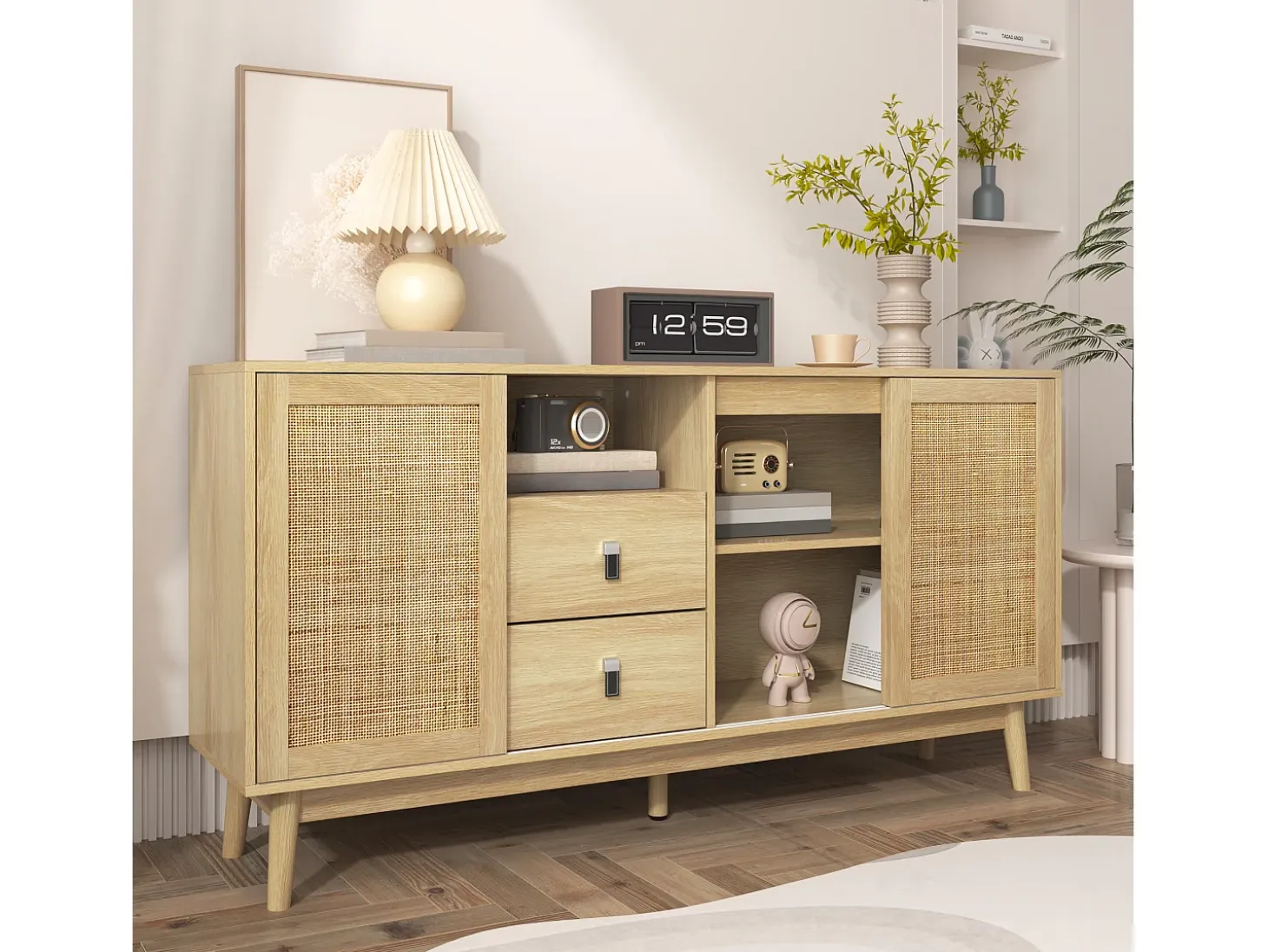 Aparador de madera con 3 puertas y 2 cajones para almacenaje multifuncional 155x38x80 cm