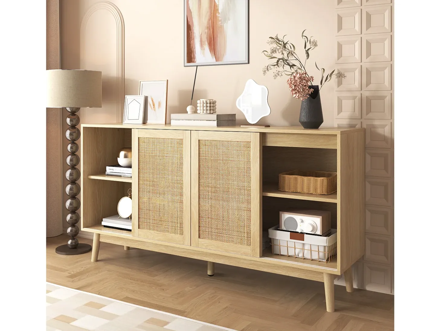 Aparador de madera con 3 puertas y 2 cajones para almacenaje multifuncional 155x38x80 cm