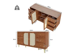 Aparador de madera con puertas y cajón de ratán, 160 x 40 x 90 cm, marrón, para salón o cocina