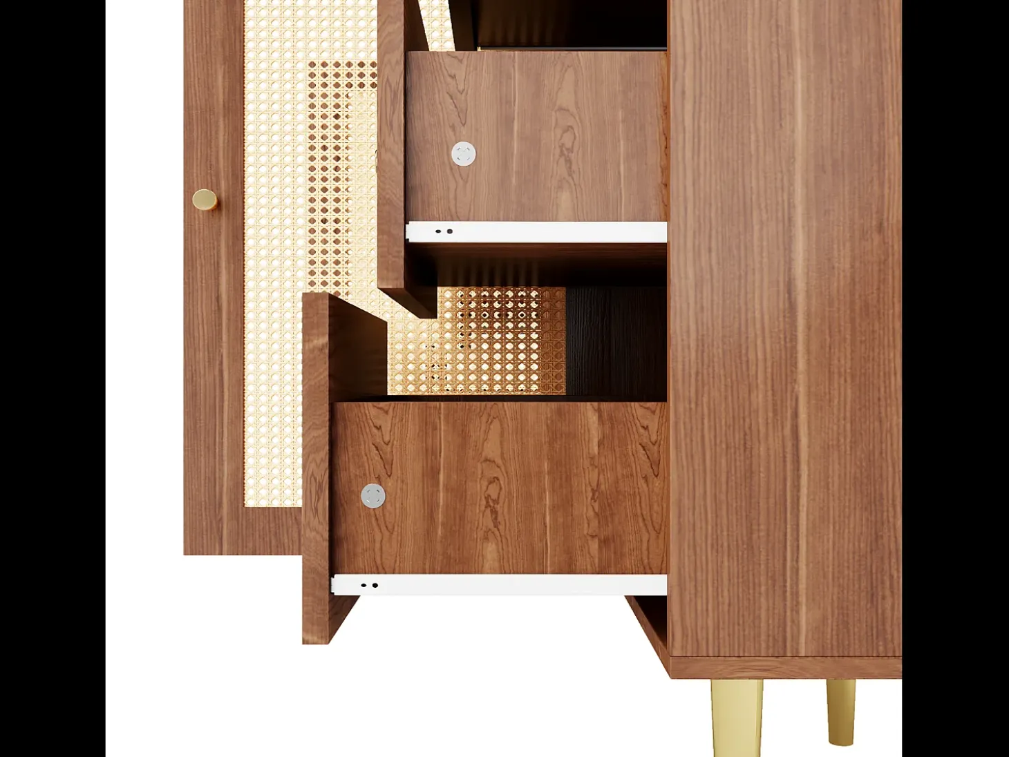 Aparador de madera con puertas y cajón de ratán, 160 x 40 x 90 cm, marrón, para salón o cocina