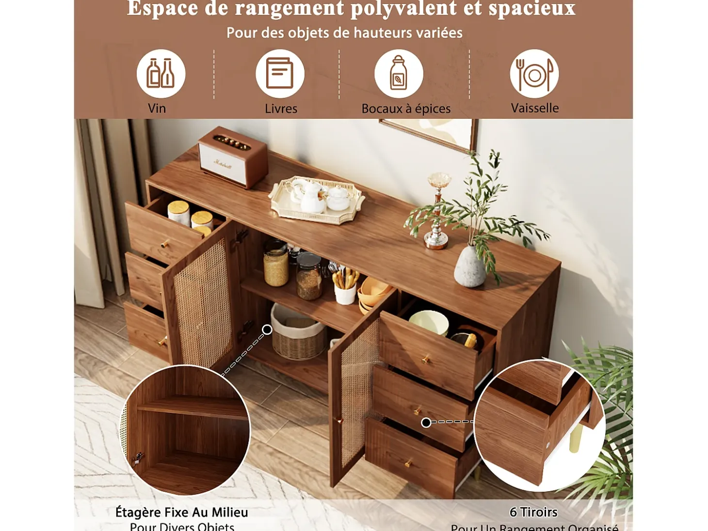 Aparador de madera con puertas y cajón de ratán, 160 x 40 x 90 cm, marrón, para salón o cocina