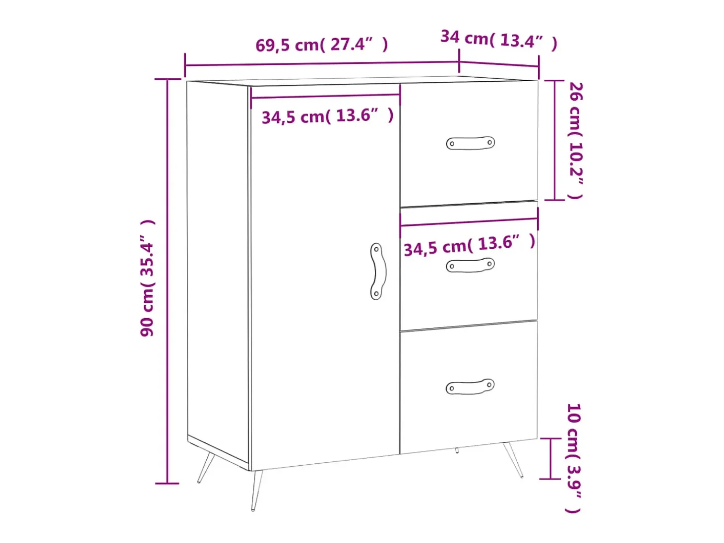 Aparador de madera contrachapada blanco brillante 69,5x34x90 cm