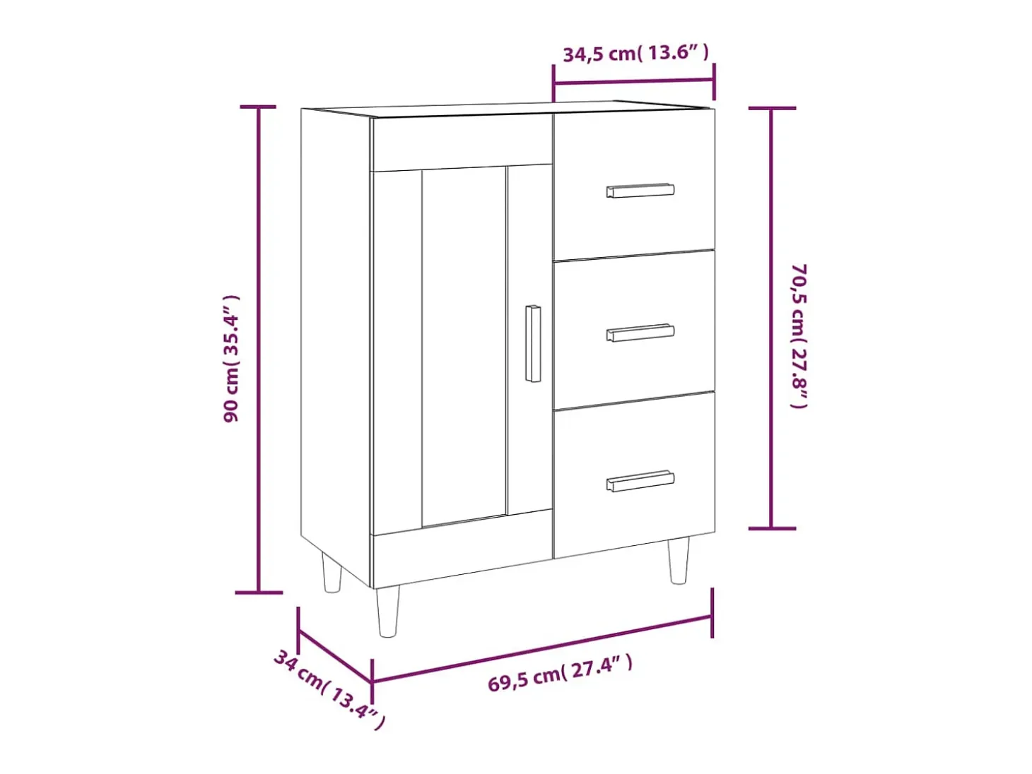 Aparador de madera contrachapada blanco brillante 69,5x34x90 cm