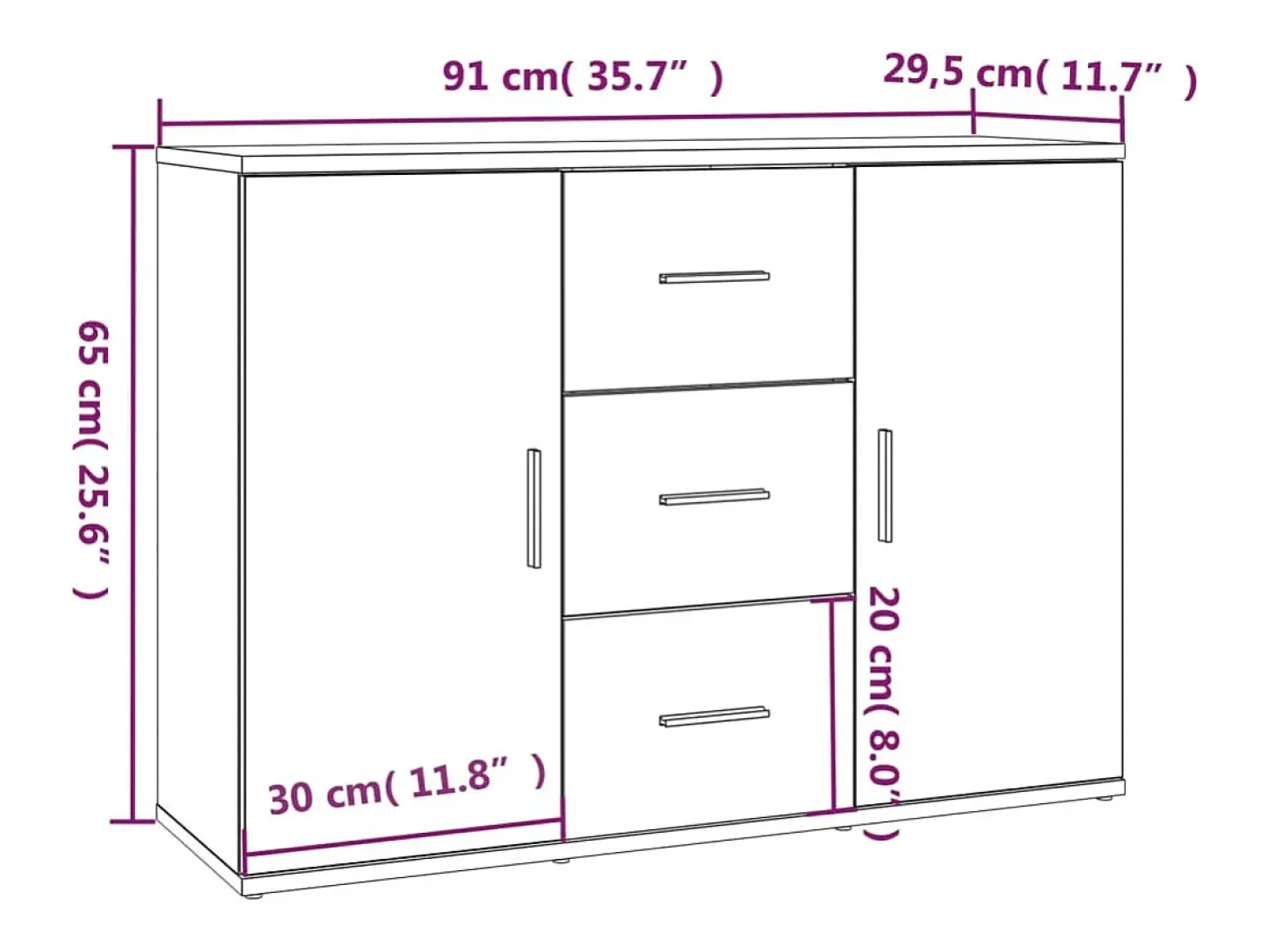 Aparador de madera contrachapada blanca 91x29,5x65 cm