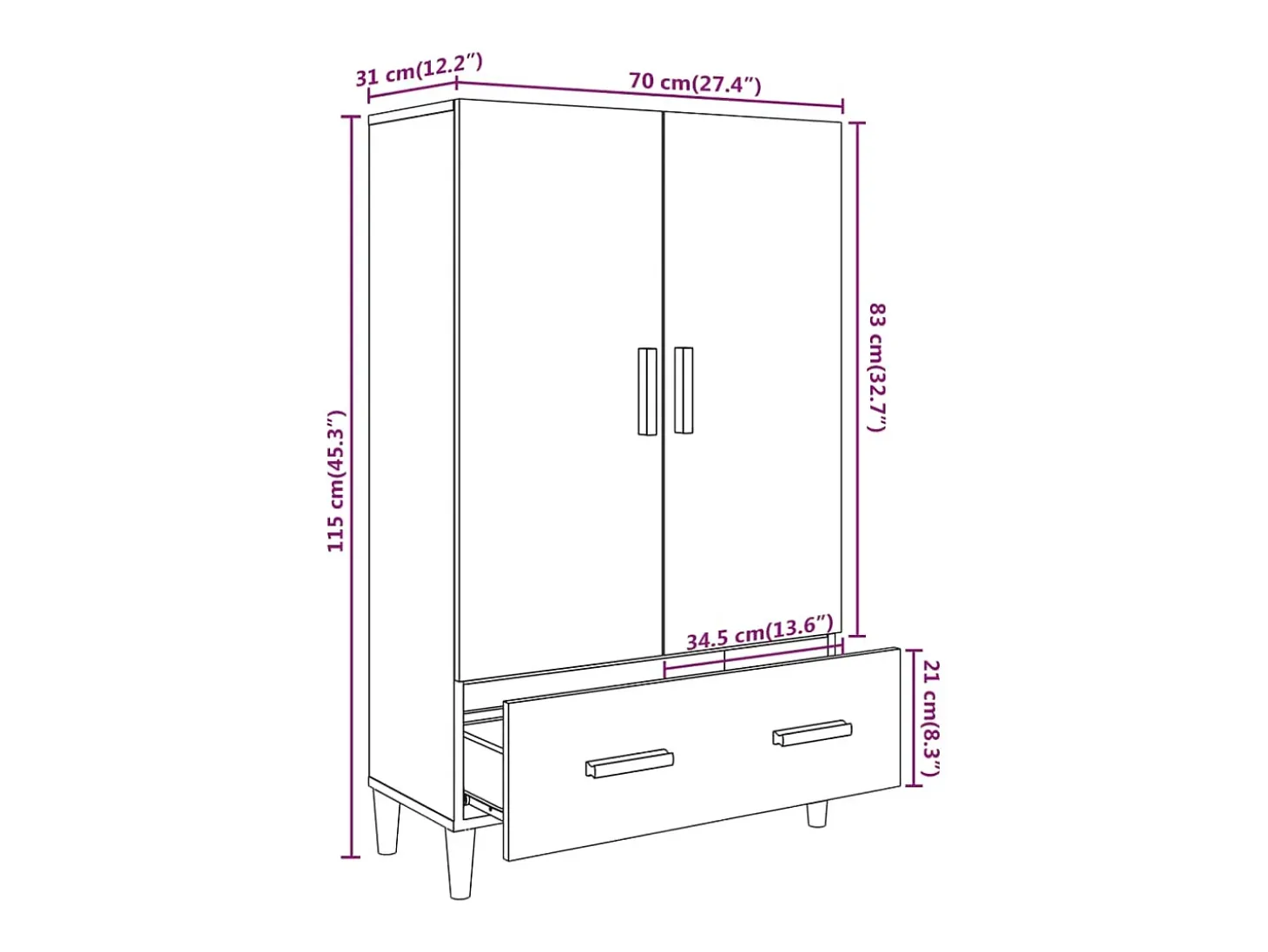 Aparador de madera contrachapada blanco 70x31x115 cm