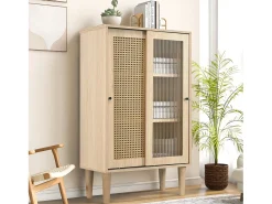 Aparador de madera de 100 cm de alto con ratán plástico y puertas correderas de cristal.