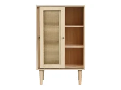 Aparador de madera de 100 cm de alto con ratán plástico y puertas correderas de cristal.