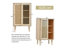 Aparador de madera de 100 cm de alto con ratán plástico y puertas correderas de cristal.