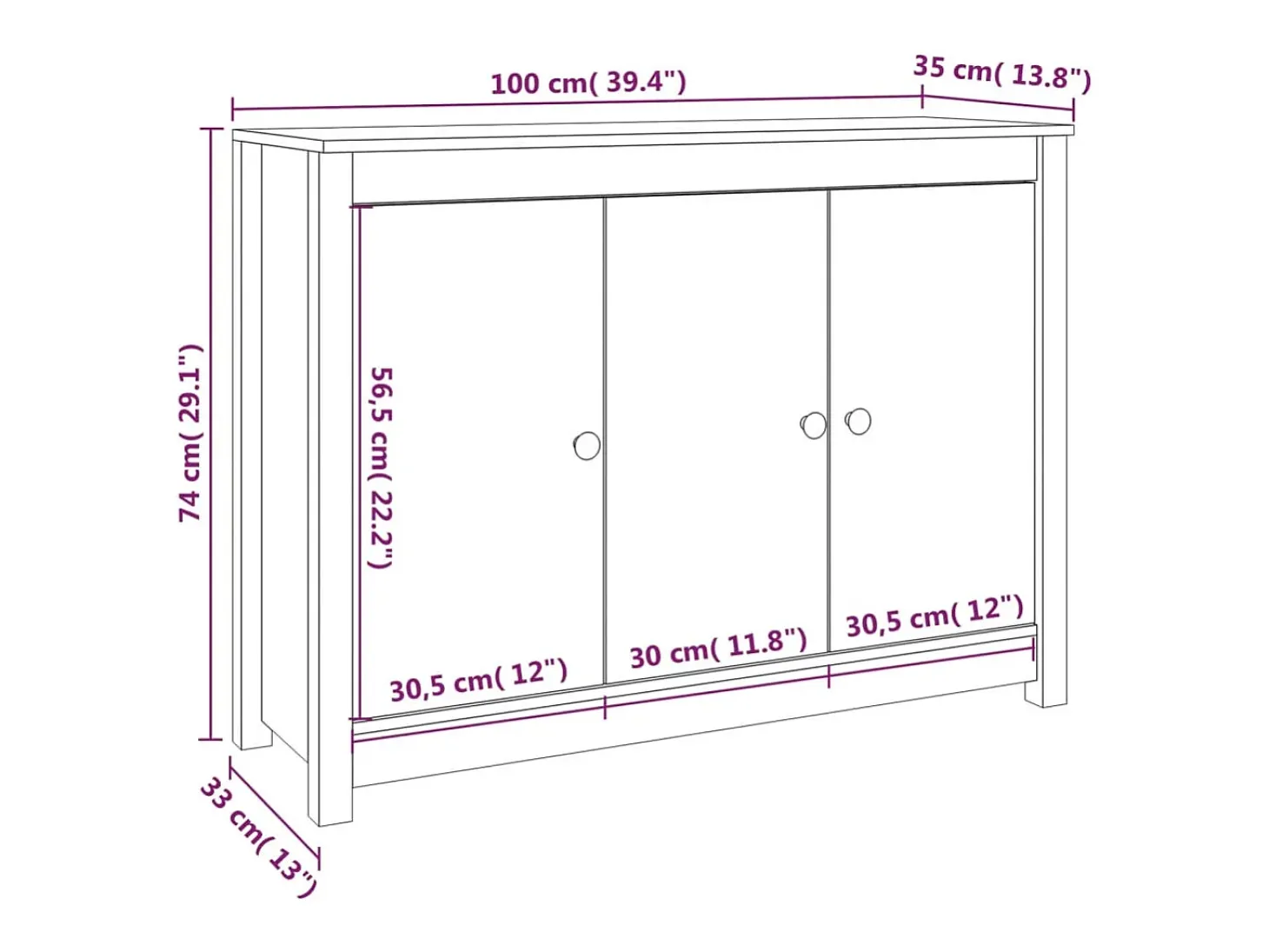 Aparador de madera maciza de pino blanco 100x35x74 cm