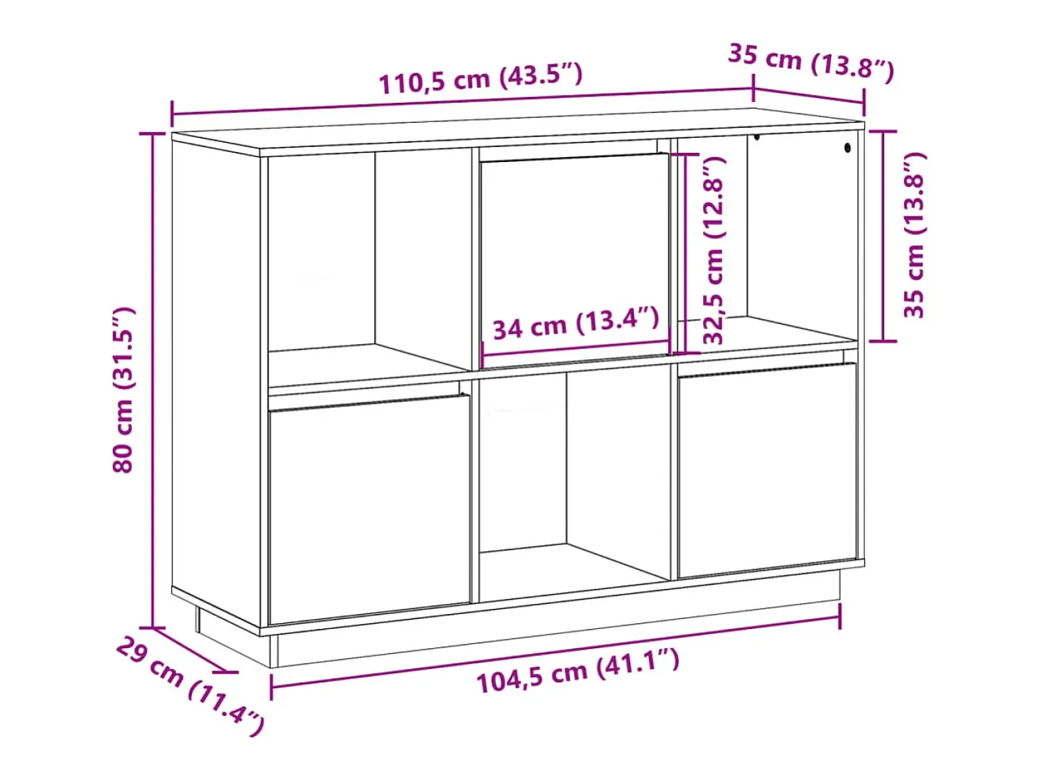 Aparador de madera maciza de pino blanco 110,5x35x80 cm