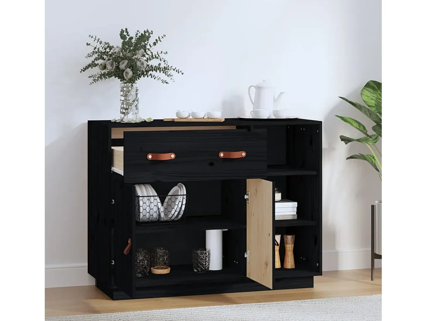 Aparador de madera maciza de pino negro 98,5x40x75 cm