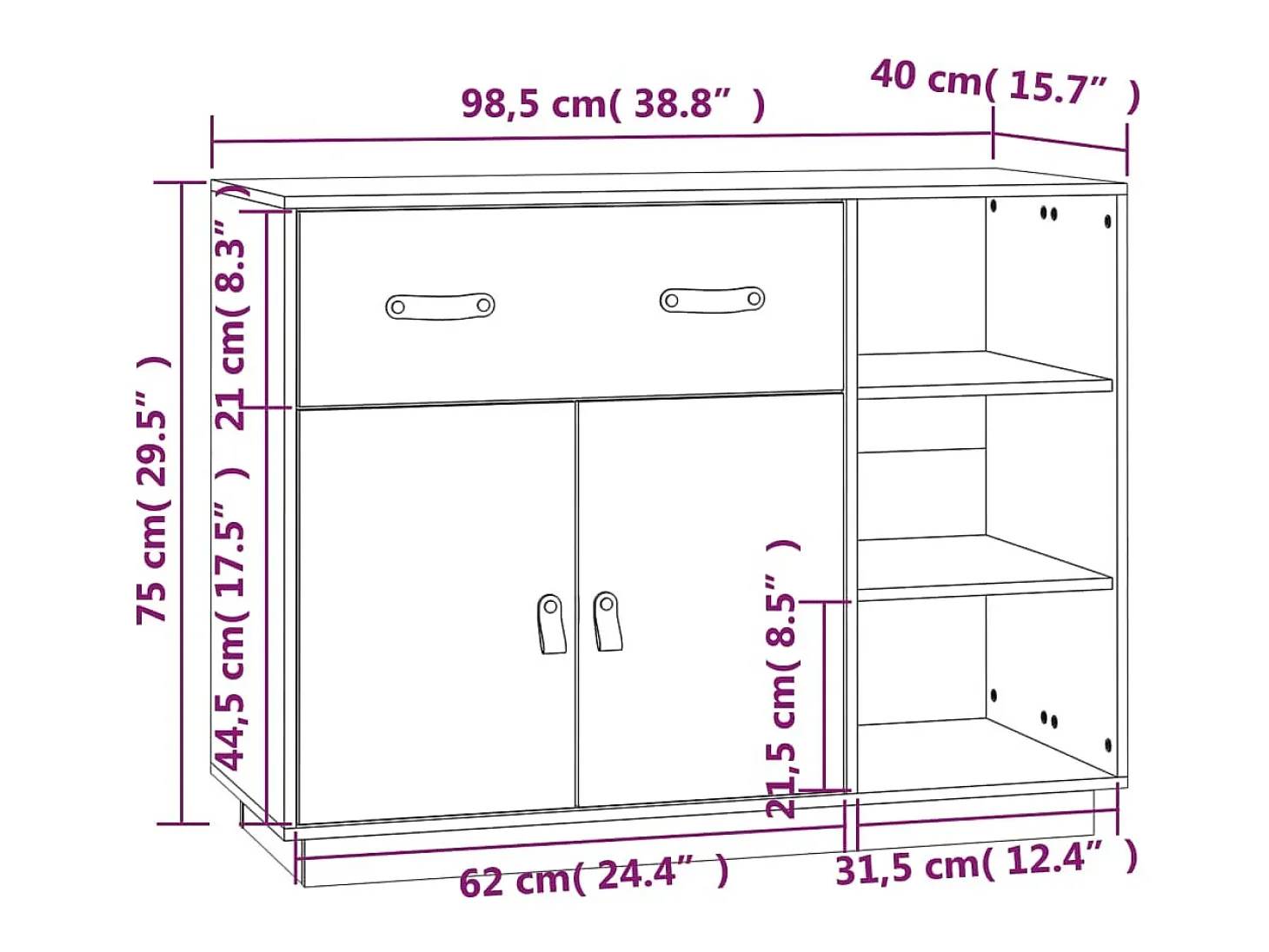 Aparador de madera maciza de pino negro 98,5x40x75 cm