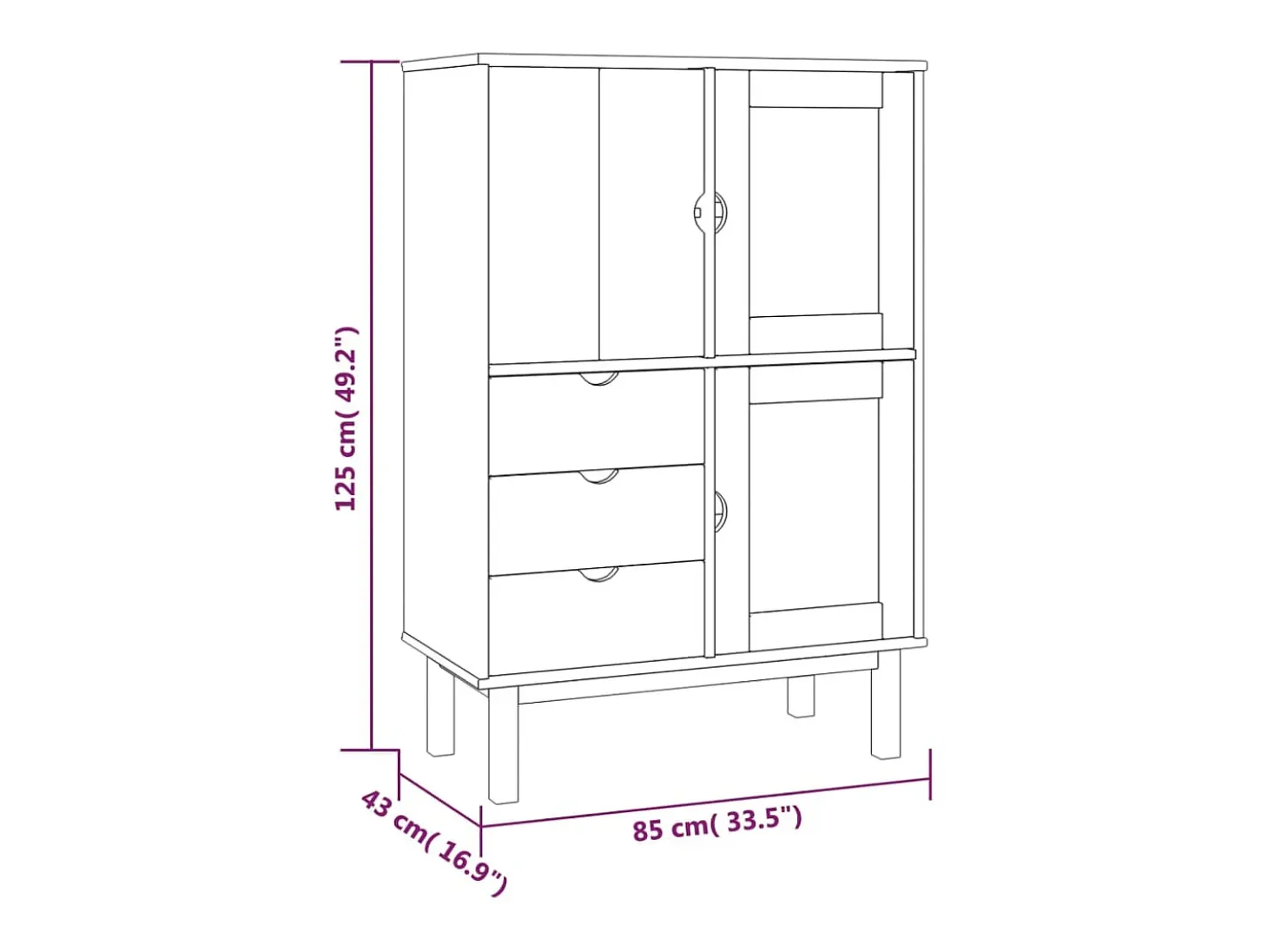 Aparador de madera maciza de pino 85x43x125 cm