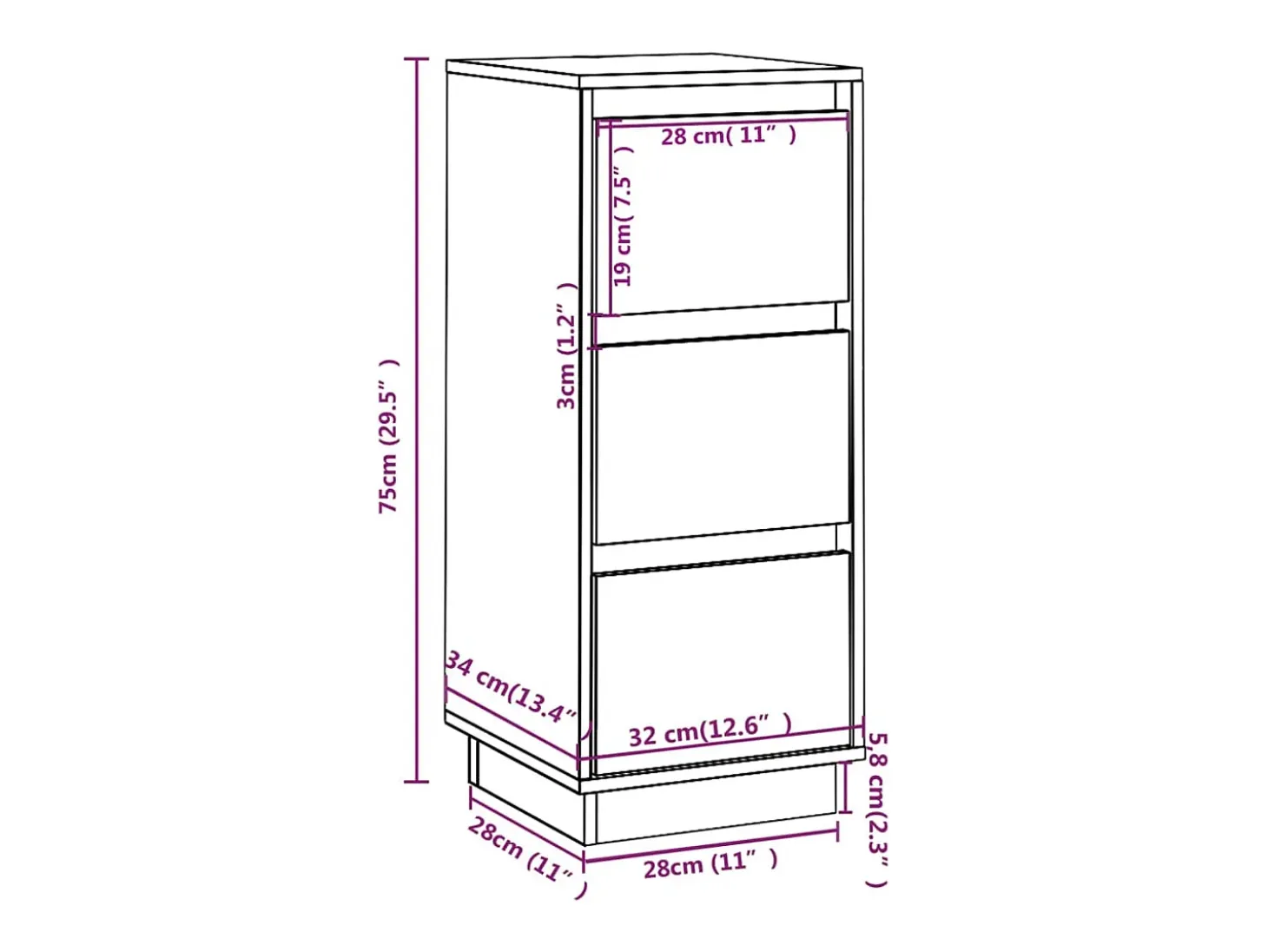 Aparador de madera maciza de pino 32x34x75 cm