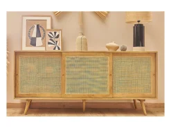 Aparador de madera maciza de mango y caña de ratán con 3 puertas correderas 180 cm ACANGE