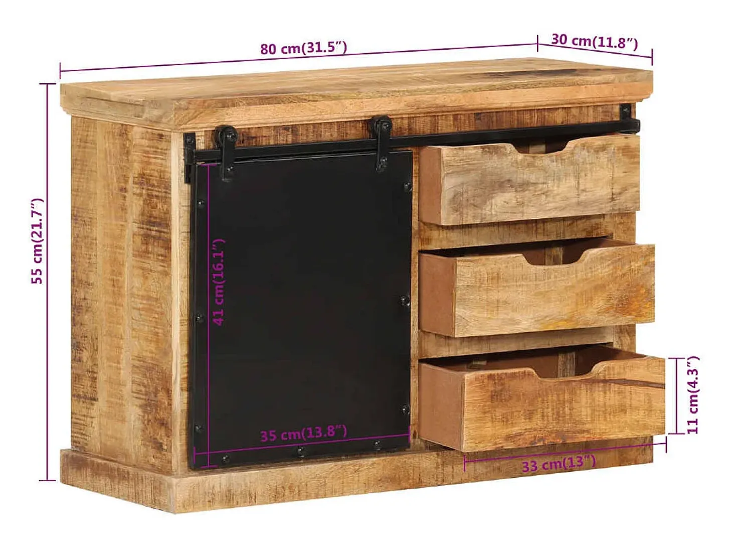 Aparador de madera maciza de mango sin tratar 80x30x55 cm