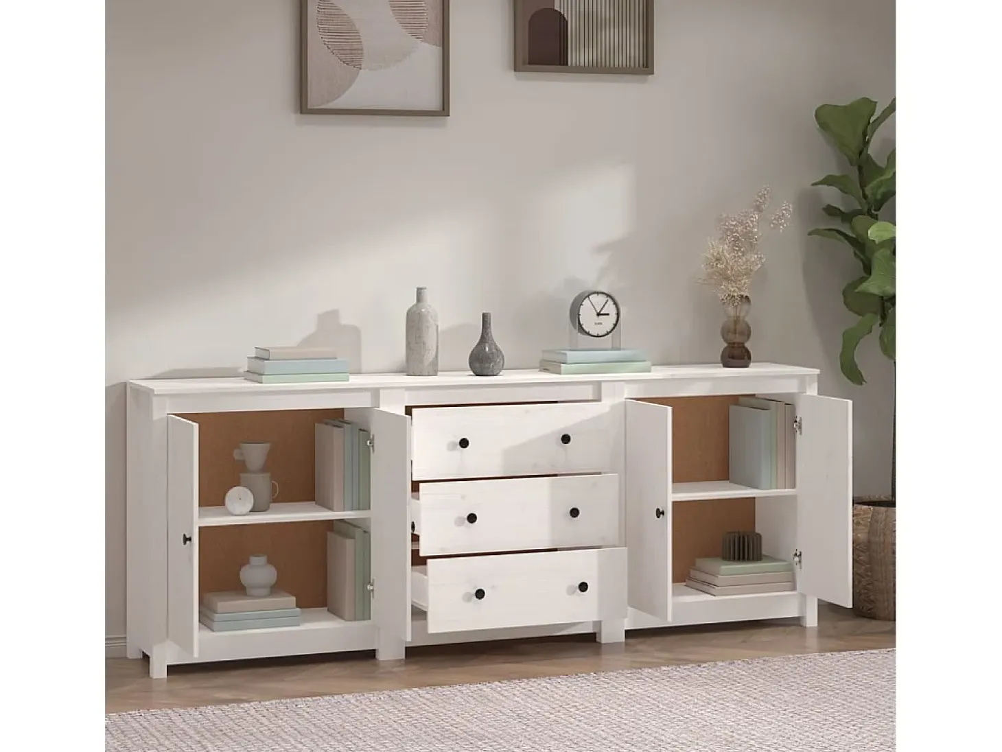 Aparador de madera maciza de pino blanco 210x35x80 cm