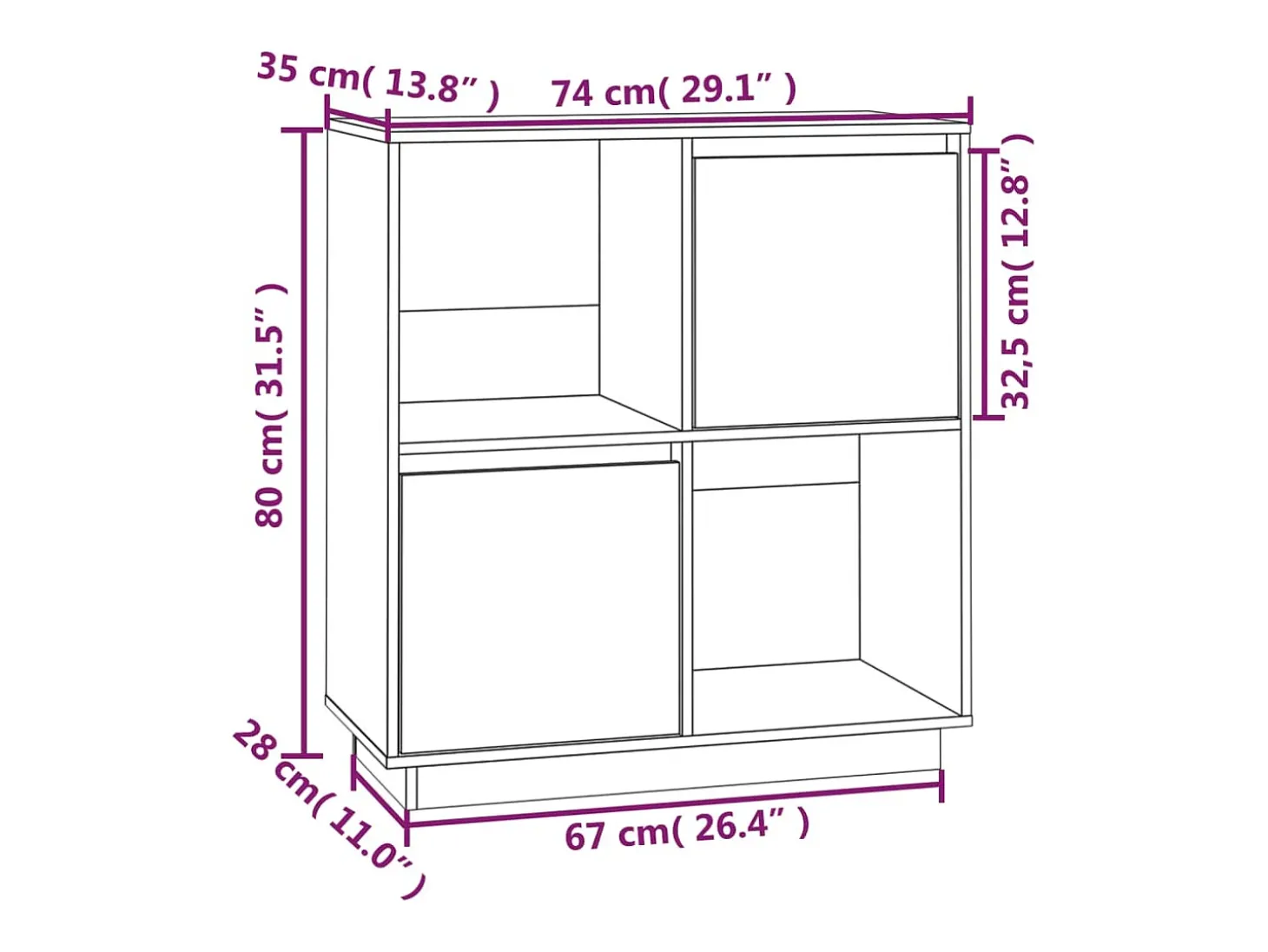 Aparador de madera maciza de pino gris 74x35x80 cm