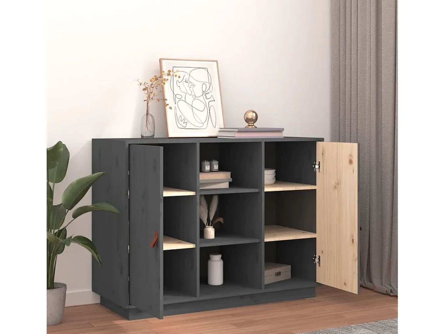 Aparador de madera maciza de pino gris 100x40x75 cm