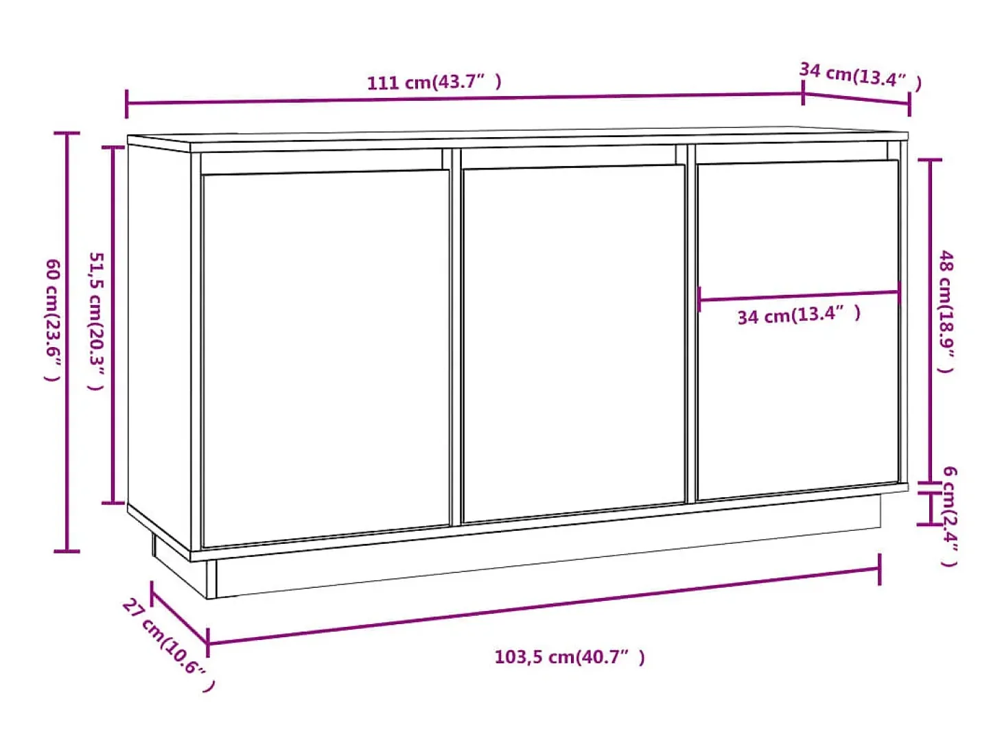 Aparador de madera maciza de pino 111x34x60 cm