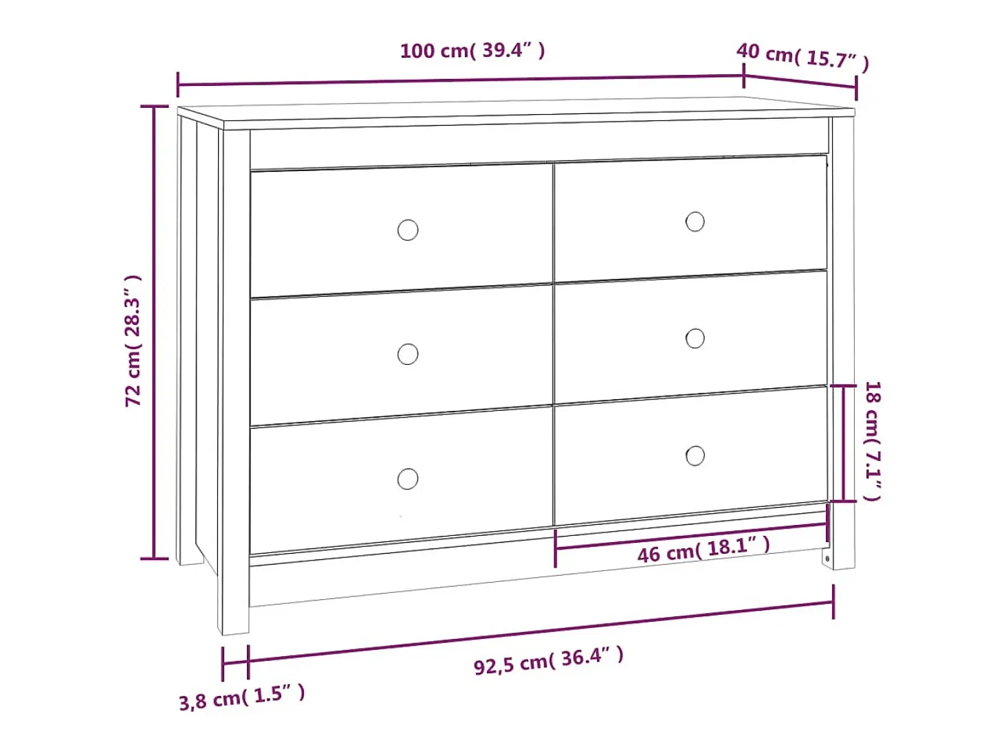 Aparador de madera maciza de pino 100x40x72 cm
