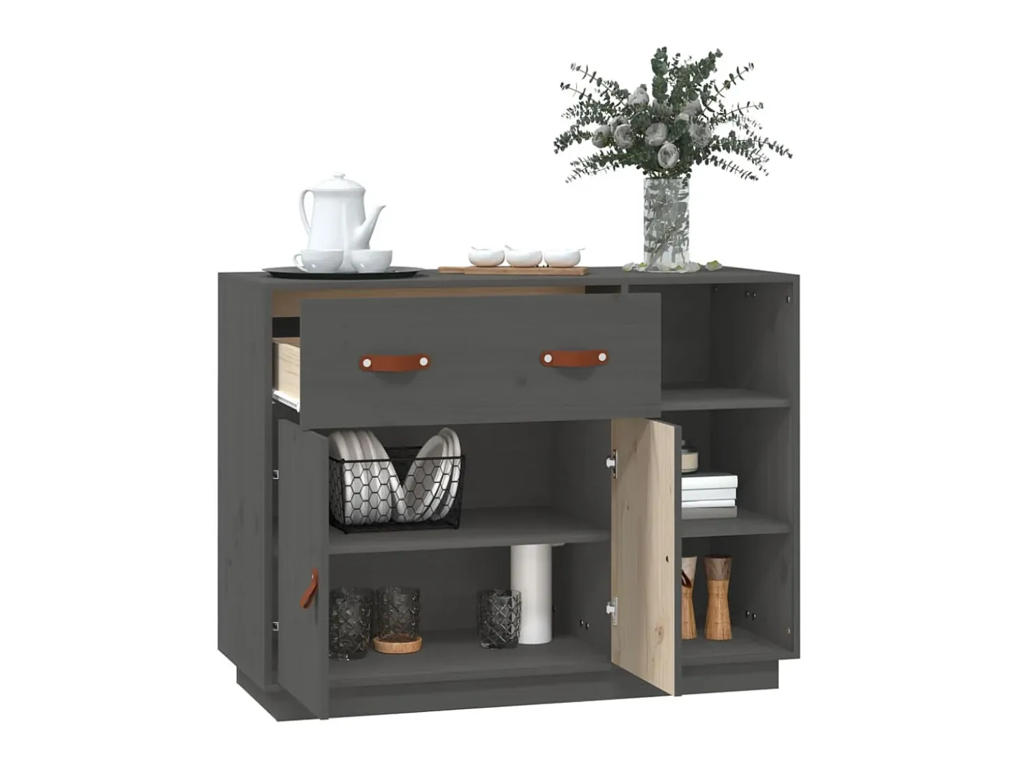 Aparador de madera maciza de pino gris 98,5x40x75 cm ES17544