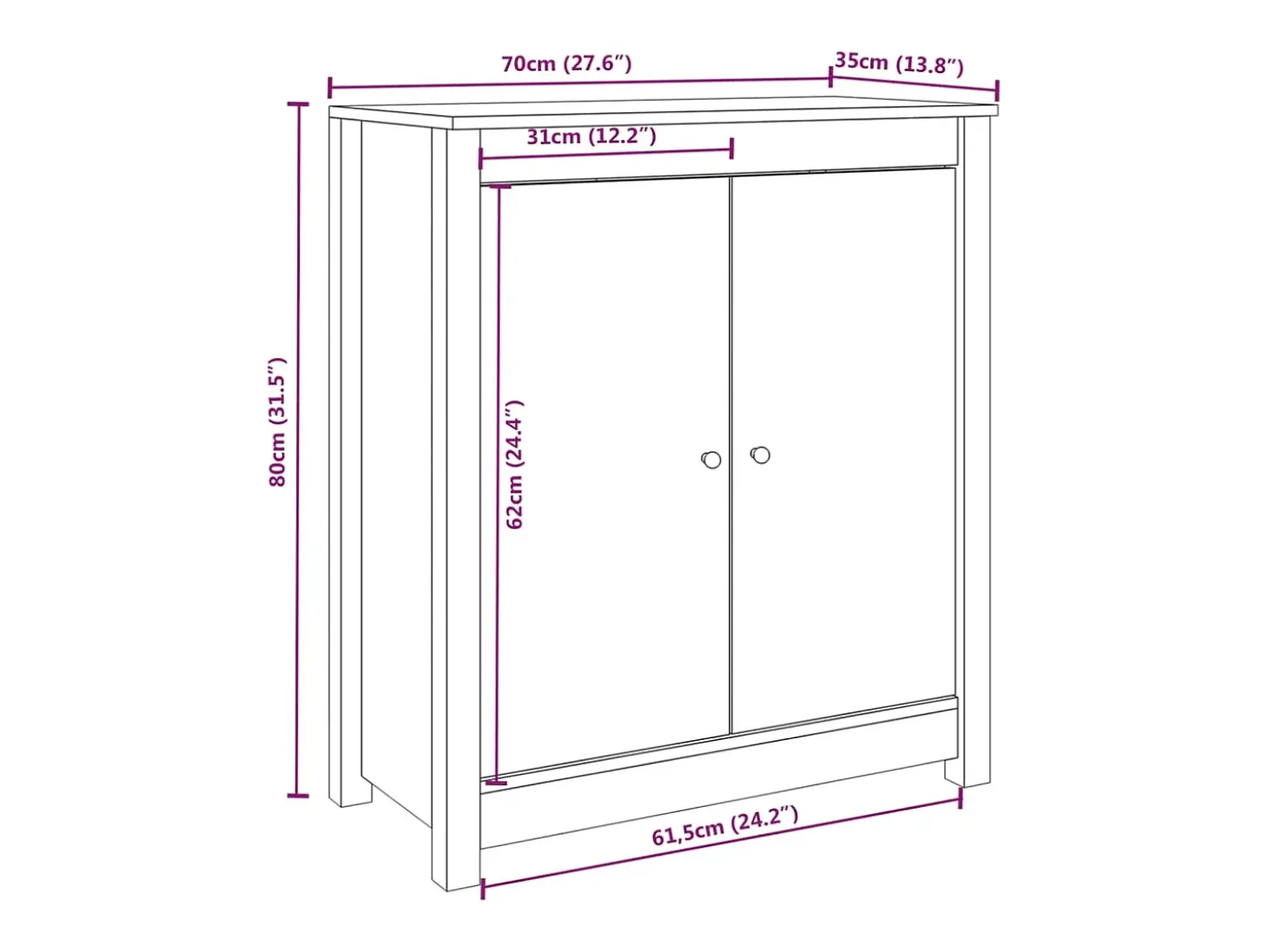Aparador de madera maciza de pino blanco 70x35x80 cm