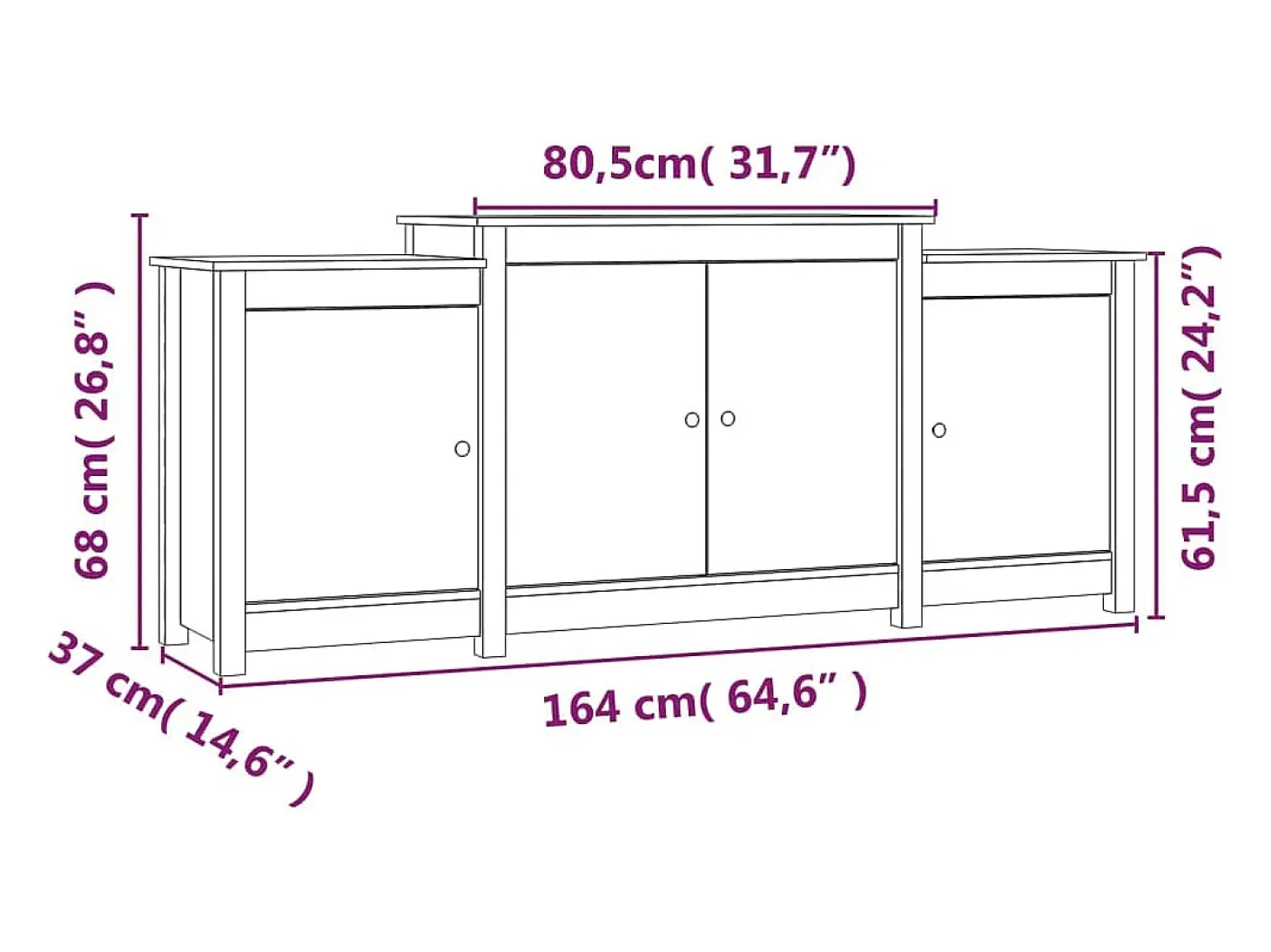 Aparador de madera maciza de pino marrón miel 164x37x68 cm