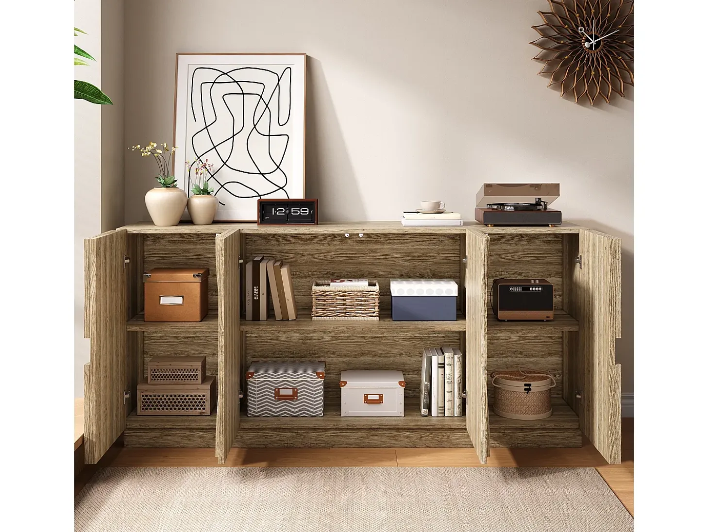 Aparador de madera natural con estantes, estilo reboteador, perfecto para la sala de estar o la cocina.