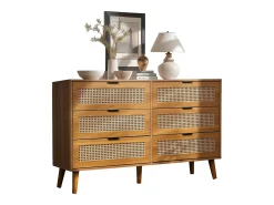 Aparador de madera natural oscura con 6 cajones, tiradores metálicos, dimensiones 120 x 40 x 76,5 cm