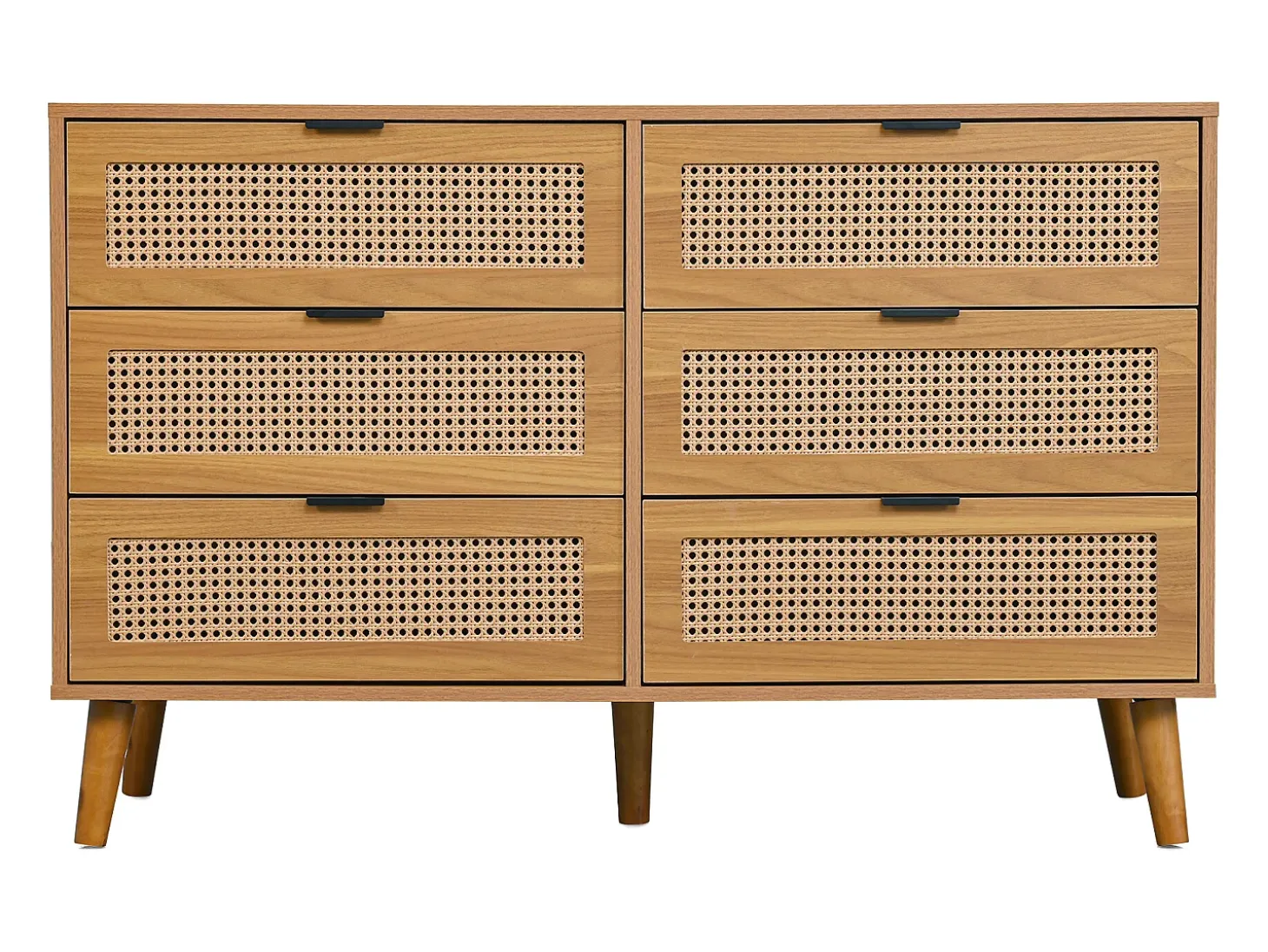 Aparador de madera natural oscura con 6 cajones, tiradores metálicos, dimensiones 120 x 40 x 76,5 cm