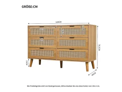 Aparador de madera natural oscura con 6 cajones, tiradores metálicos, dimensiones 120 x 40 x 76,5 cm