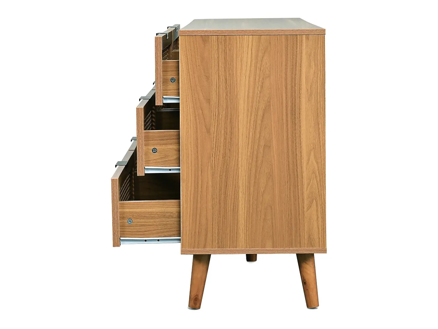 Aparador de madera natural oscura con 6 cajones, tiradores metálicos, dimensiones 120 x 40 x 76,5 cm