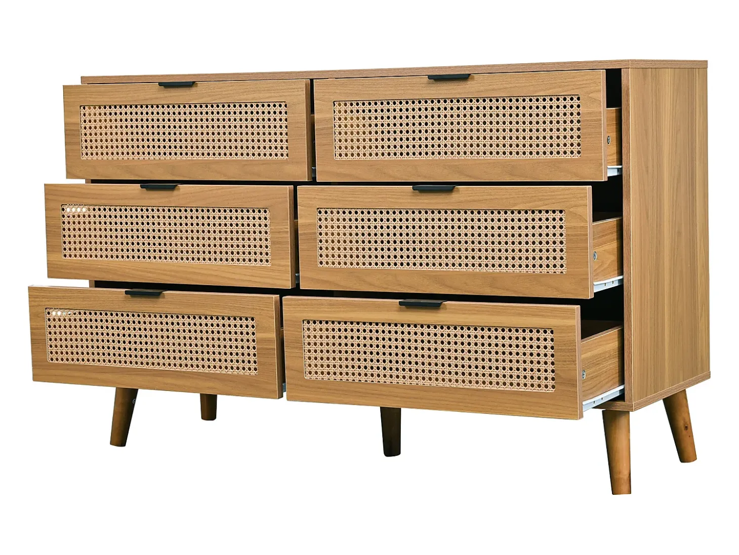 Aparador de madera natural oscura con 6 cajones, tiradores metálicos, dimensiones 120 x 40 x 76,5 cm
