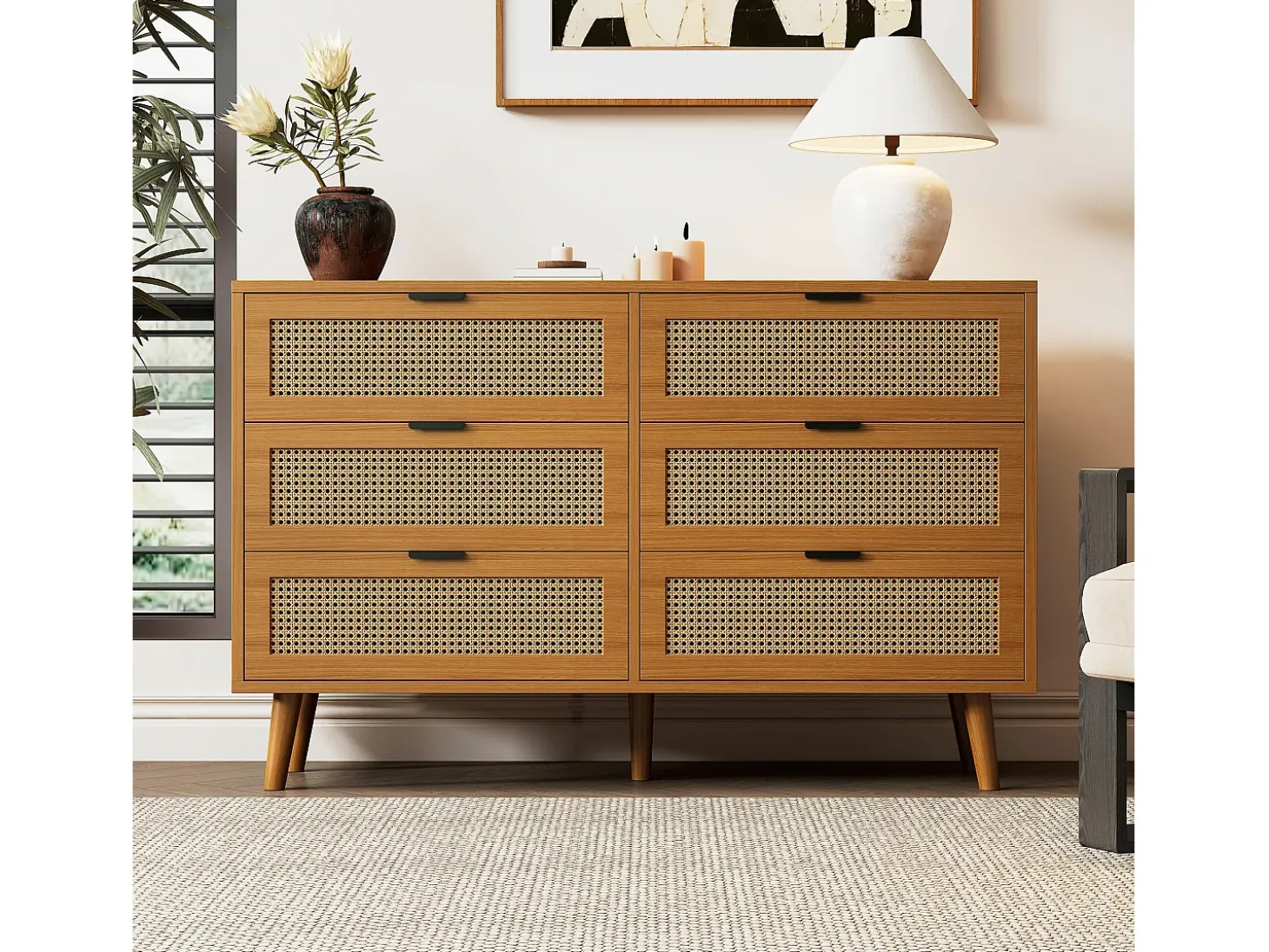 Aparador de madera natural oscura con 6 cajones, tiradores metálicos, dimensiones 120 x 40 x 76,5 cm